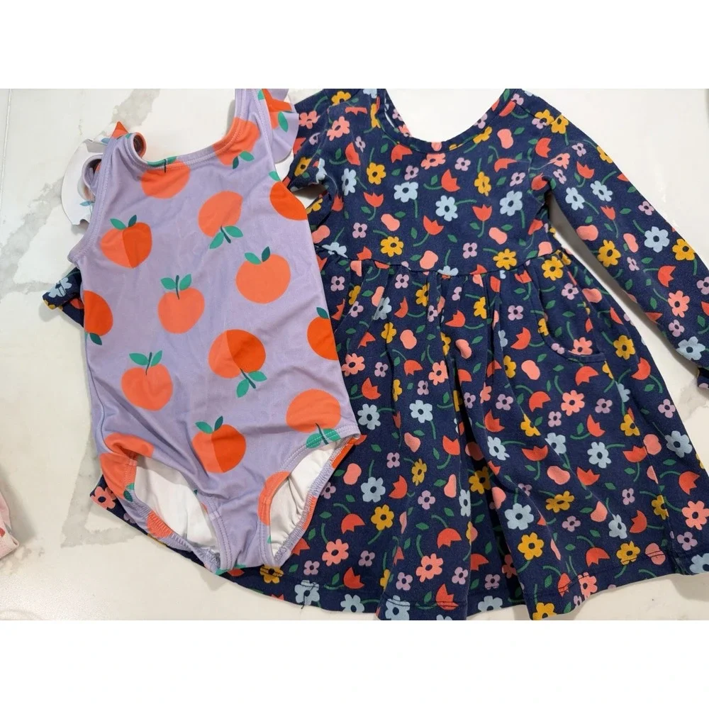 Hanna Andersson Lot Of 2 Swim Suit Skater Dress 2T Apples Flowers Play date